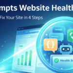 AI prompts website health check – magnifying glass inspecting a website dashboard with health score 84 and AI symbols