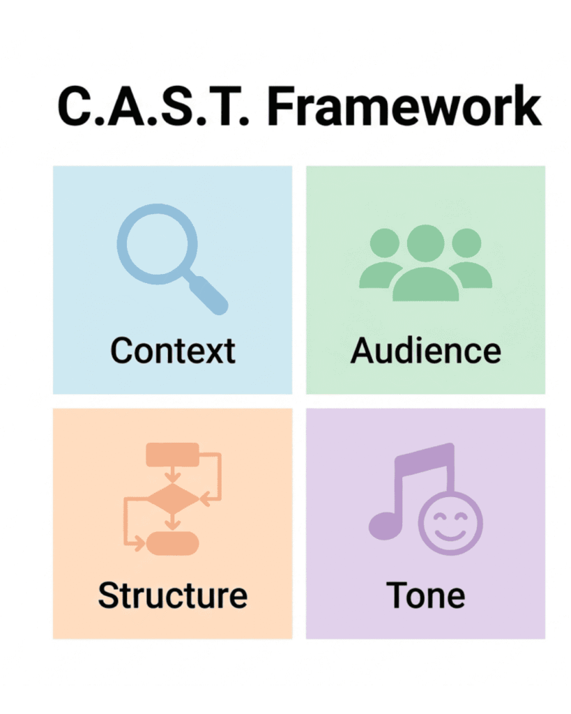C.A.S.T. framework infographic for AI documentary script prompts – Context Audience Structure Tone
